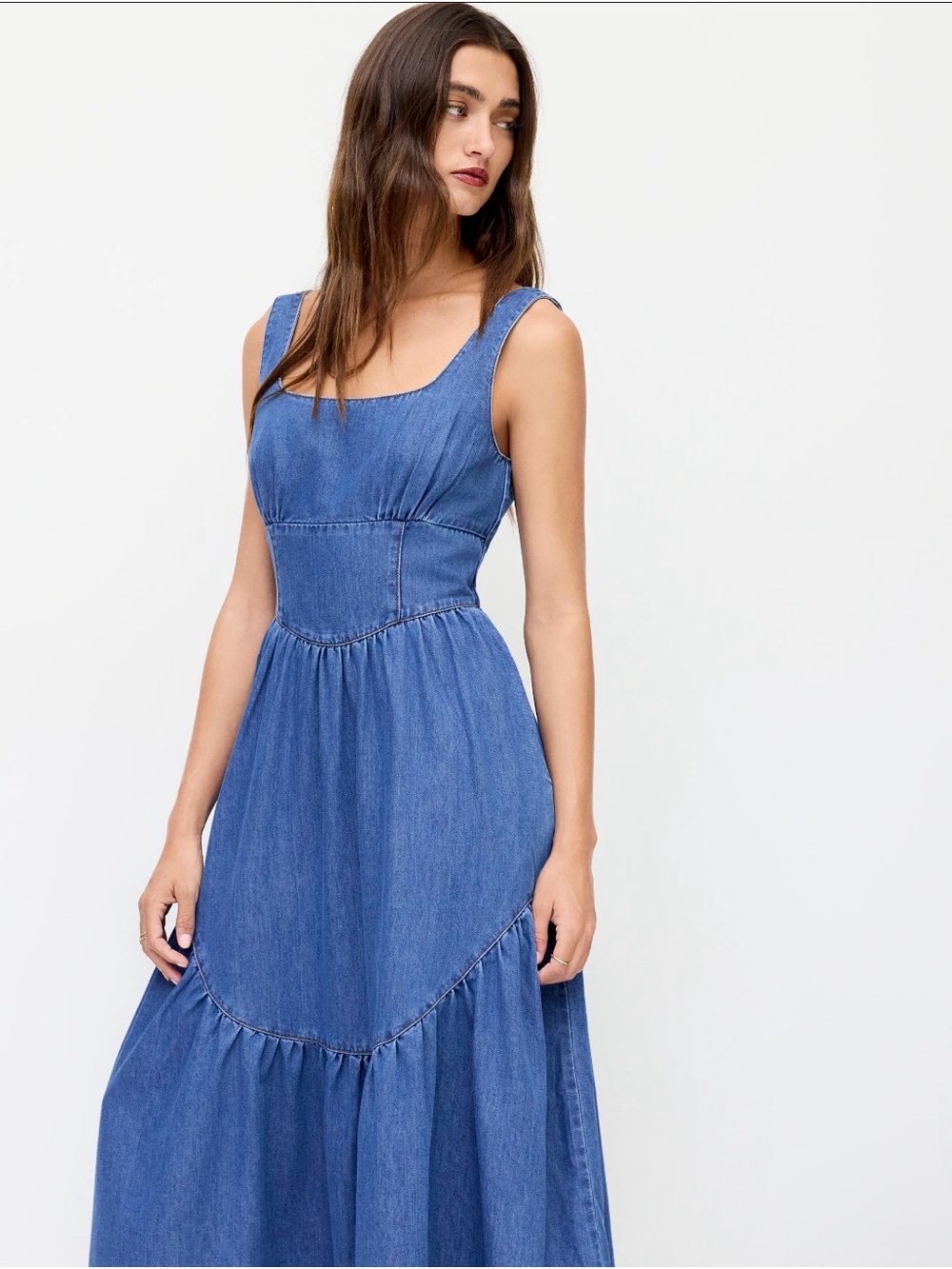 Cider Blue Denim Tiered Maxi Dress - Sleeveless Square Neck